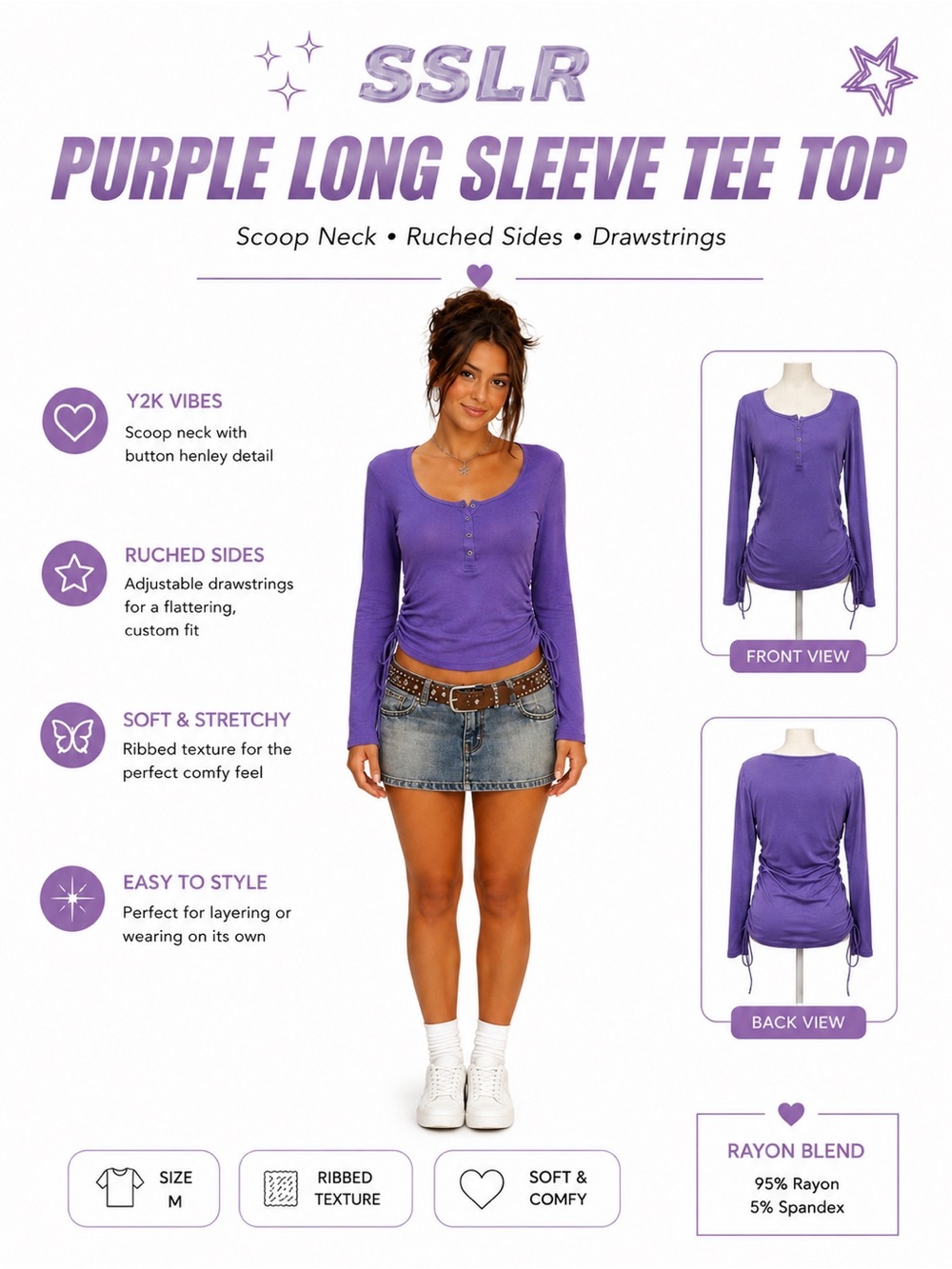Purple Long Sleeve Tee Top rib texture Scoop neck ruche sides drawstrings Med